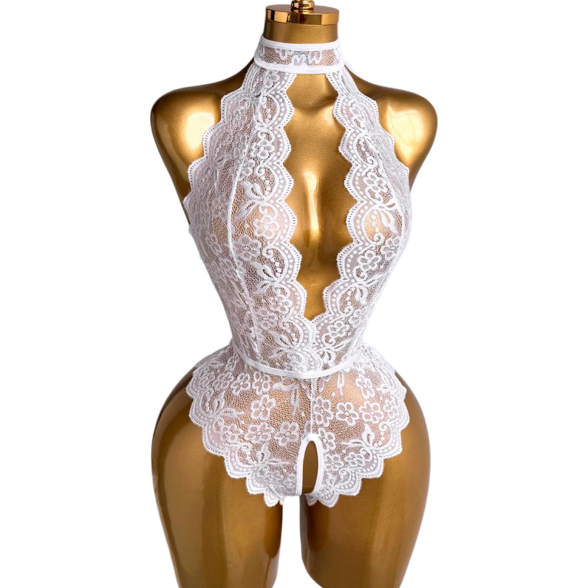 White Halter Neck Floral Lace  - Lace Teddy Lingerie のレビューと価格