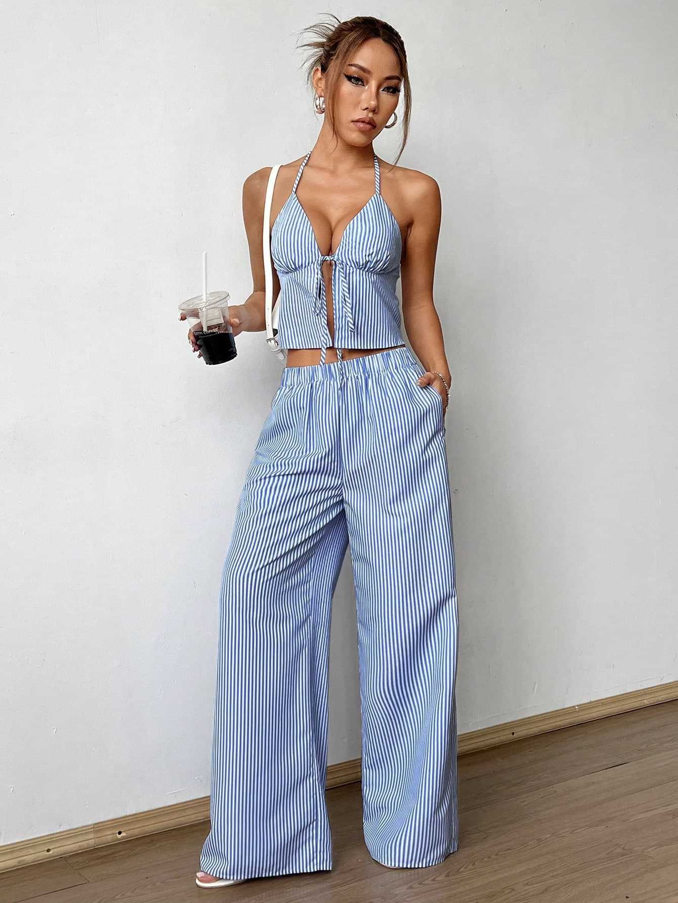 Striped Lace Up Camisole Colla - Cami Top Lace のレビューと価格